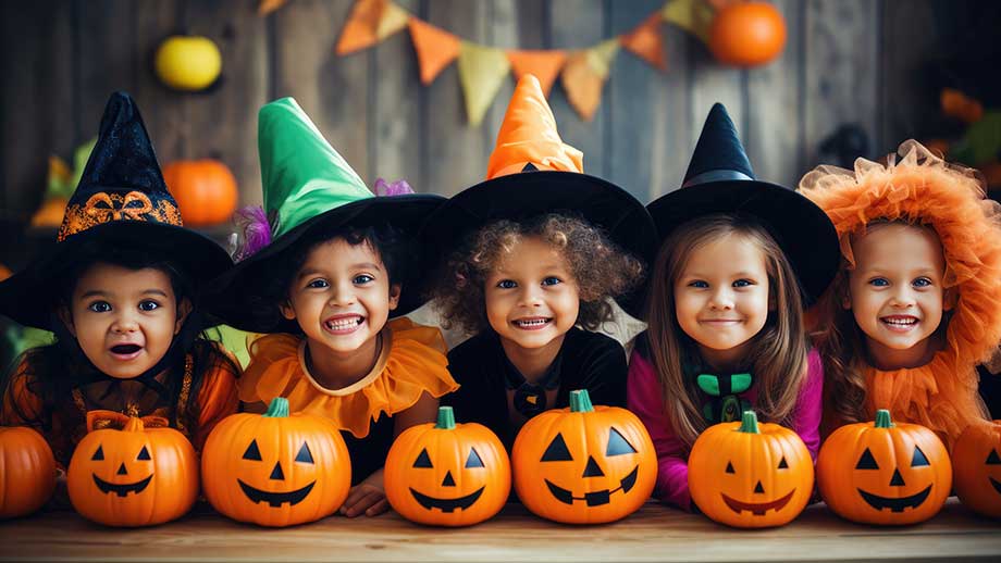 Diverse children in Halloween costumes