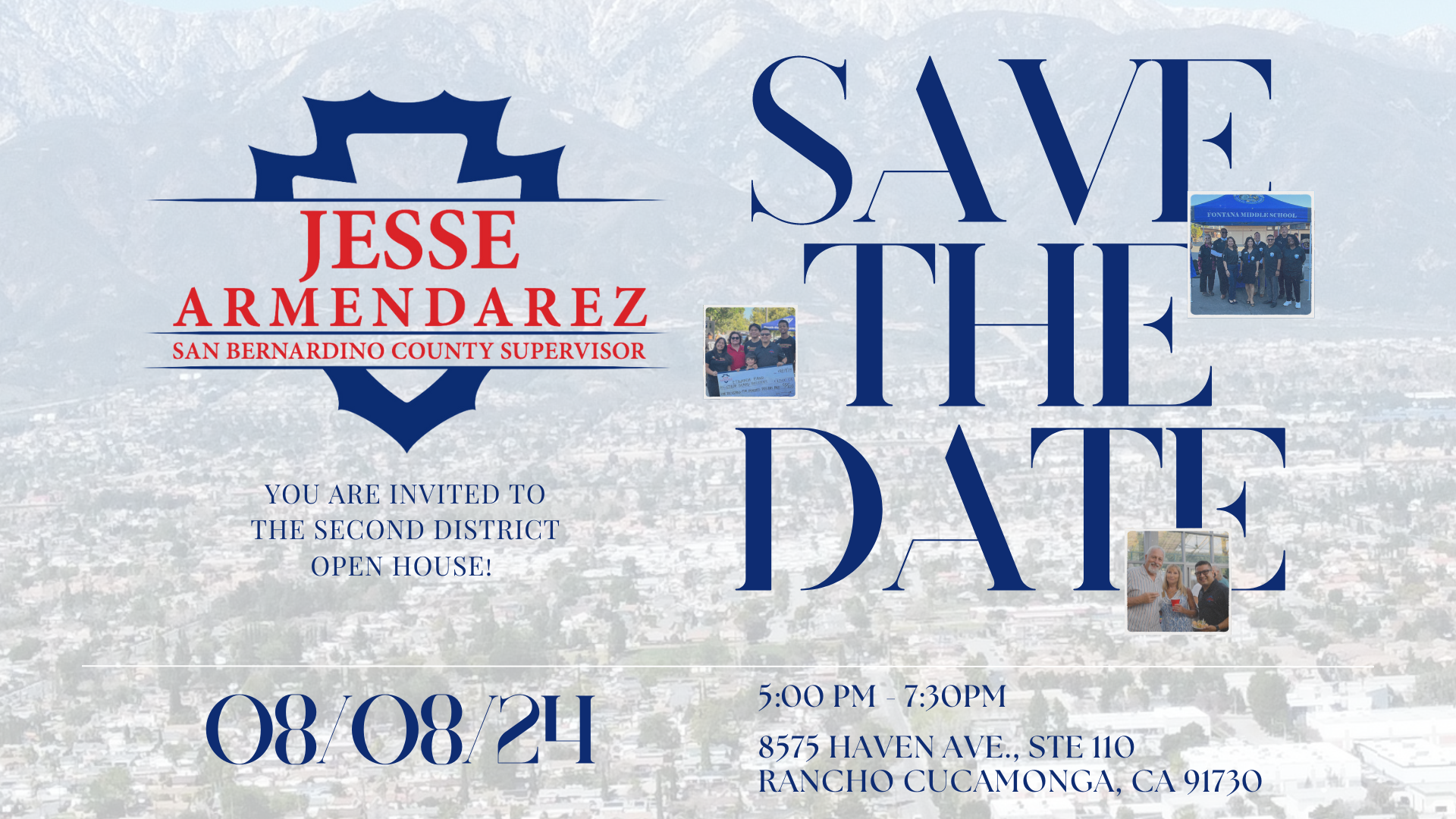 Save The Date, August 8th 2024. Open House with County Supervisor Armendarez. 5 p.m. - 7:30 p.m.