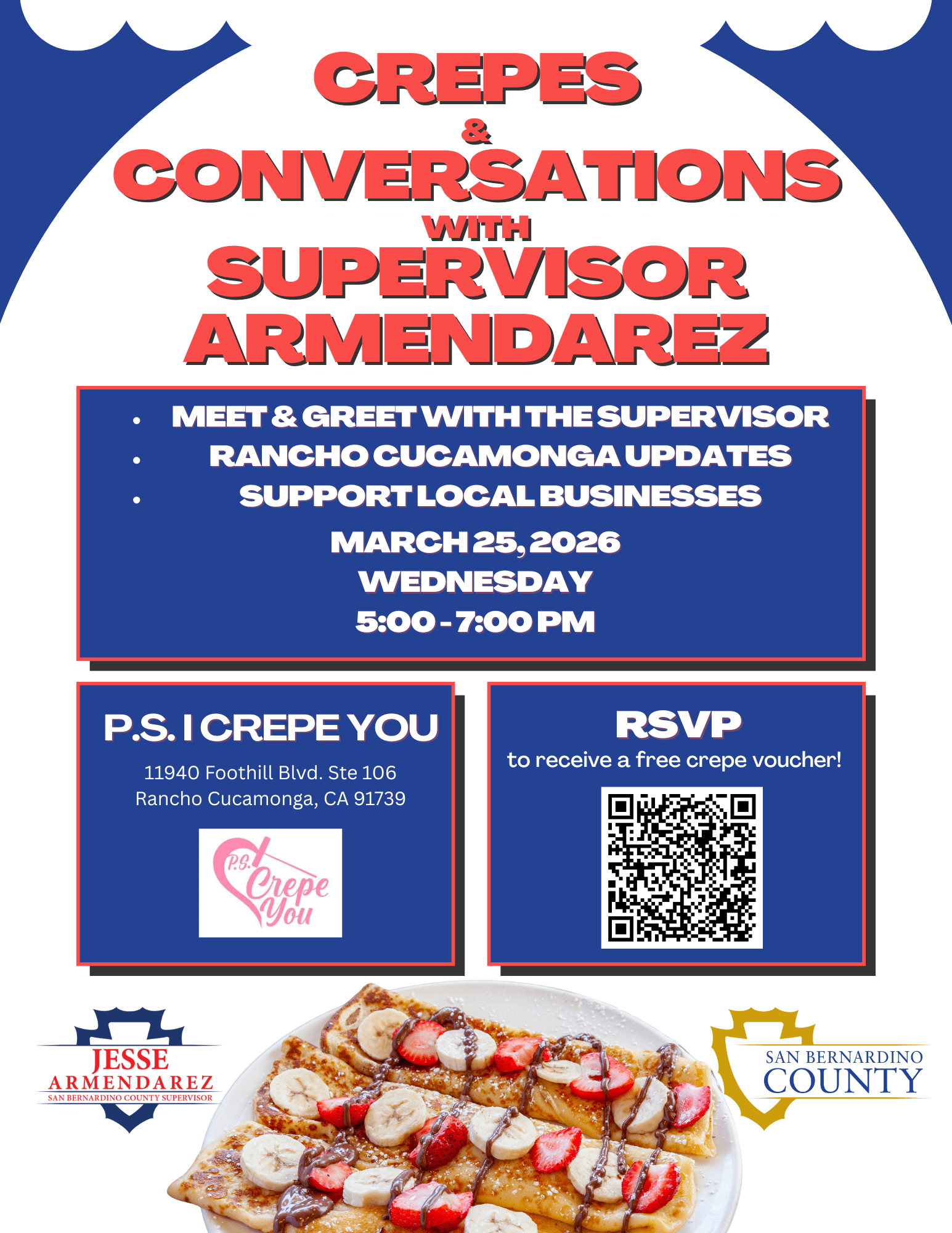 Flyer for crepes and conversations event on march 25