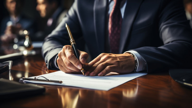 A professional man signs a document